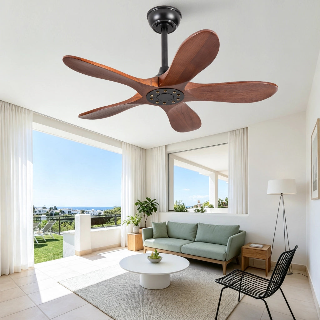Ventilatore da soffitto 36 pollici senza illuminazione, 5 pale legno massello, motore reversibile 6 velocit¨¤, design classico, silenzioso