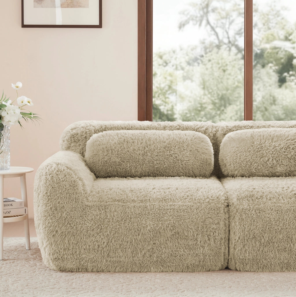 Divano modulare angolare 204x179x73 cm in tessuto plush cachi chiaro; senza montaggio