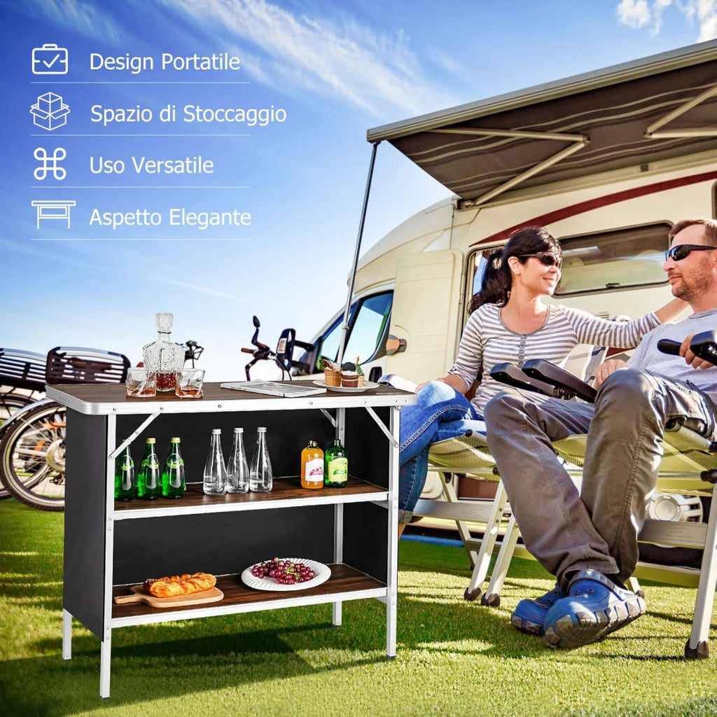 Cucina da Campeggio Pieghevole con Telaio in Alluminio, Mobile da Campeggio con 3 Ripiani e Borsa per Trasporto, Cucina da Esterno per Attività all'Aperto, Picnic e Barbecue (Nero)