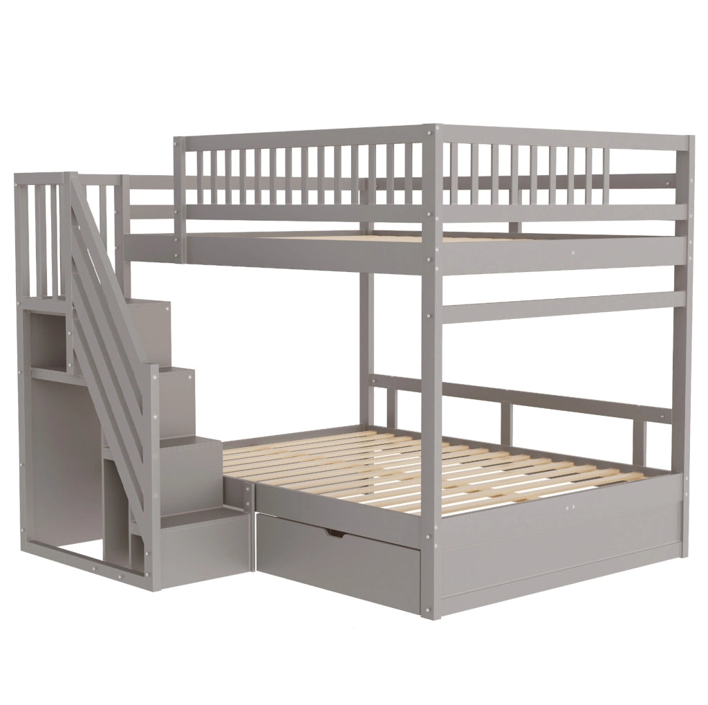 Letto a castello in legno massello 140x200 cm grigio con scala contenitore e cassetti