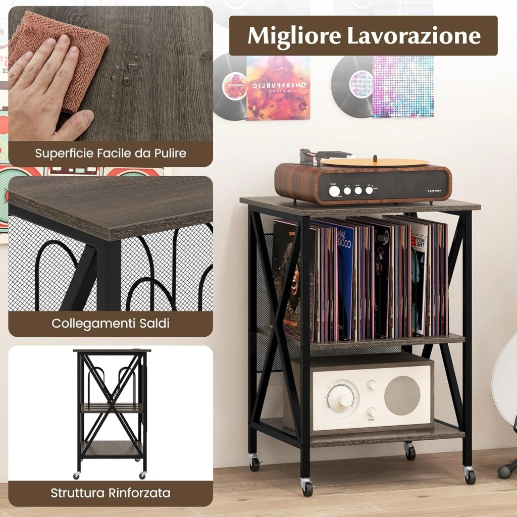 Supporto per Giradischi, Supporto per Giradischi in Vinile con Presa di Corrente e Porta USB, Ruote Bloccabili, 3 Livelli, per Soggiorno, Camera da Letto, 52 x 45 x 75 cm (Grigio)