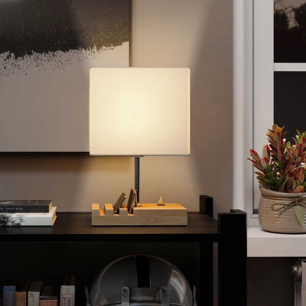 Lampada da comodino con porte USB ¨C Xylo ¨C Legno e tessuto bianco con interruttore a bilanciere
