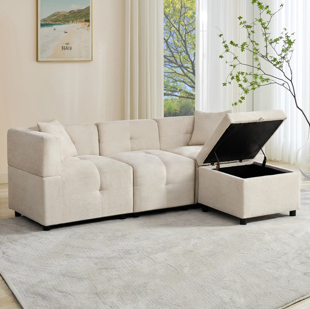 Divano modulare 3 posti ULEVR in ciniglia beige con pouf contenitore e 2 cuscini, 204x126 cm