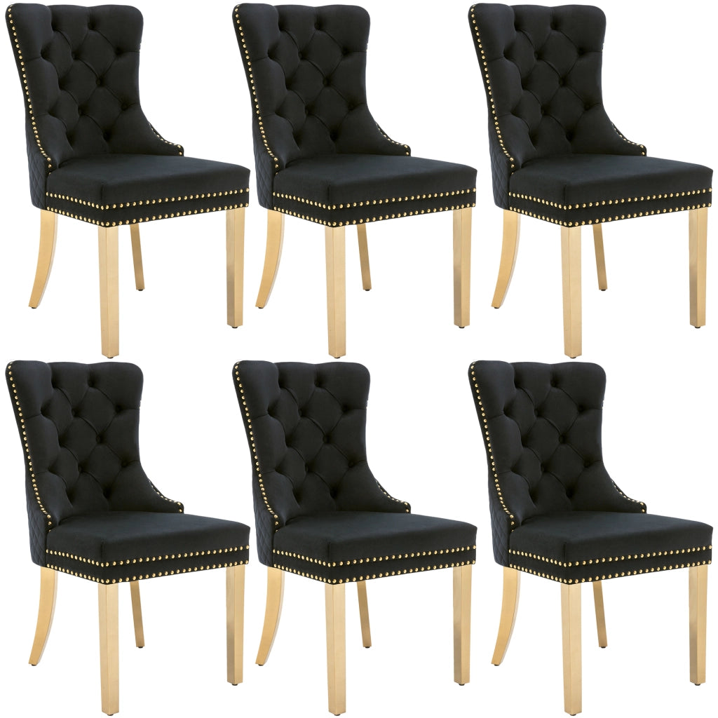 6 Sedie da Pranzo con Anello Rotondo sullo Schienale; Borchie Decorative e Piedini Regolabili; Velluto; Nero
