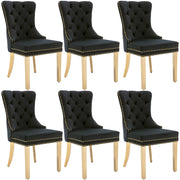 6 Sedie da Pranzo con Anello Rotondo sullo Schienale; Borchie Decorative e Piedini Regolabili; Velluto; Nero