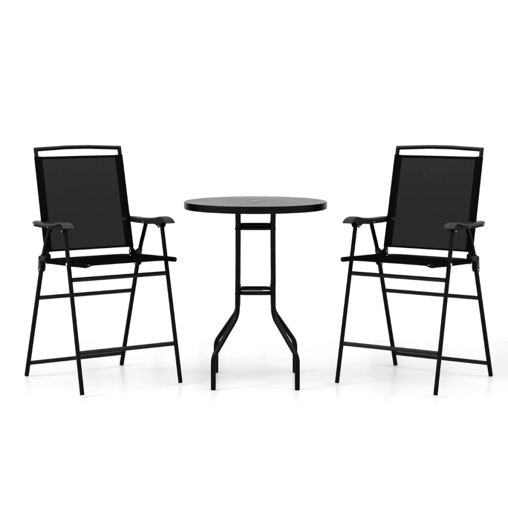 Set di 2 sgabelli da bar da esterno, Arredamento da bistrot con piano tavolo in DPC foro per ombrellone Nero-Set mobili da esterno