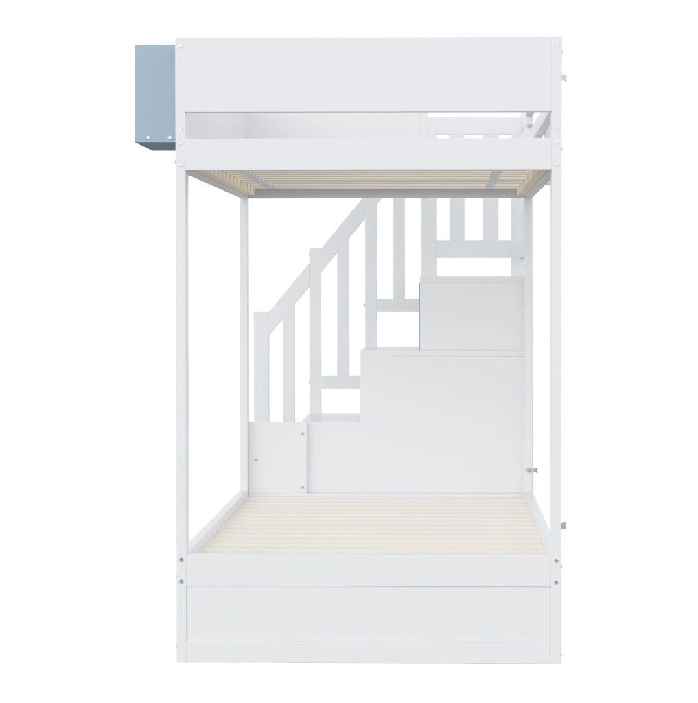 Letto a castello 90x200 cm con cassetti; scaffale removibile e sponde; bianco/blu