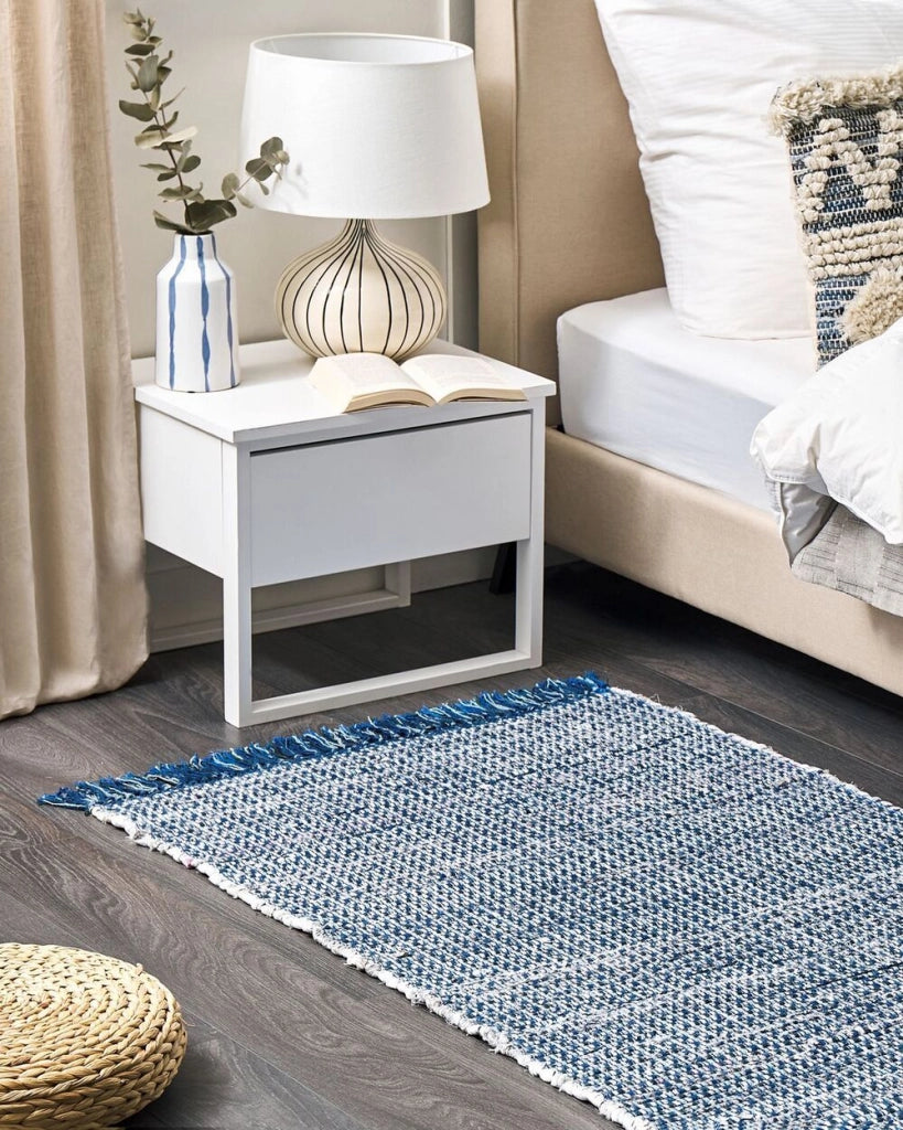 Tappeto blu marino rettangolare in cotone fatto a mano 80 x 150 cm stile boho eclettico