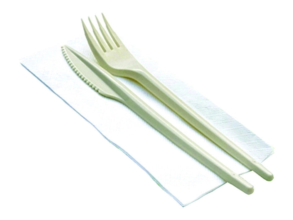 BIS POSATE BIOCOMPOSTABILI + TOVAGLIOLO- - color avorio - tovagliolo cm.33x33 - 100 confezione DOPLA