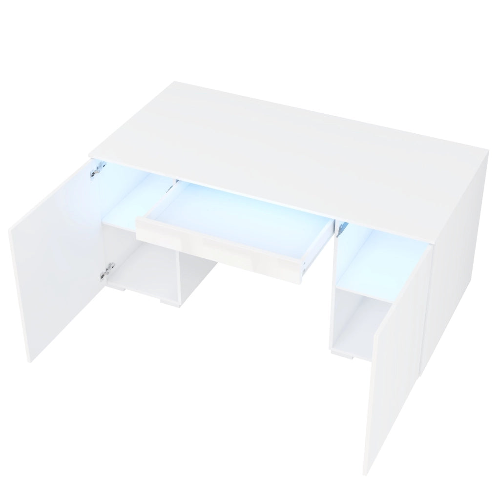 Scrivania moderna lucida 140 x 50 cm con LED, 1 cassetto, 2 ante e ampio spazio contenitivo, bianco