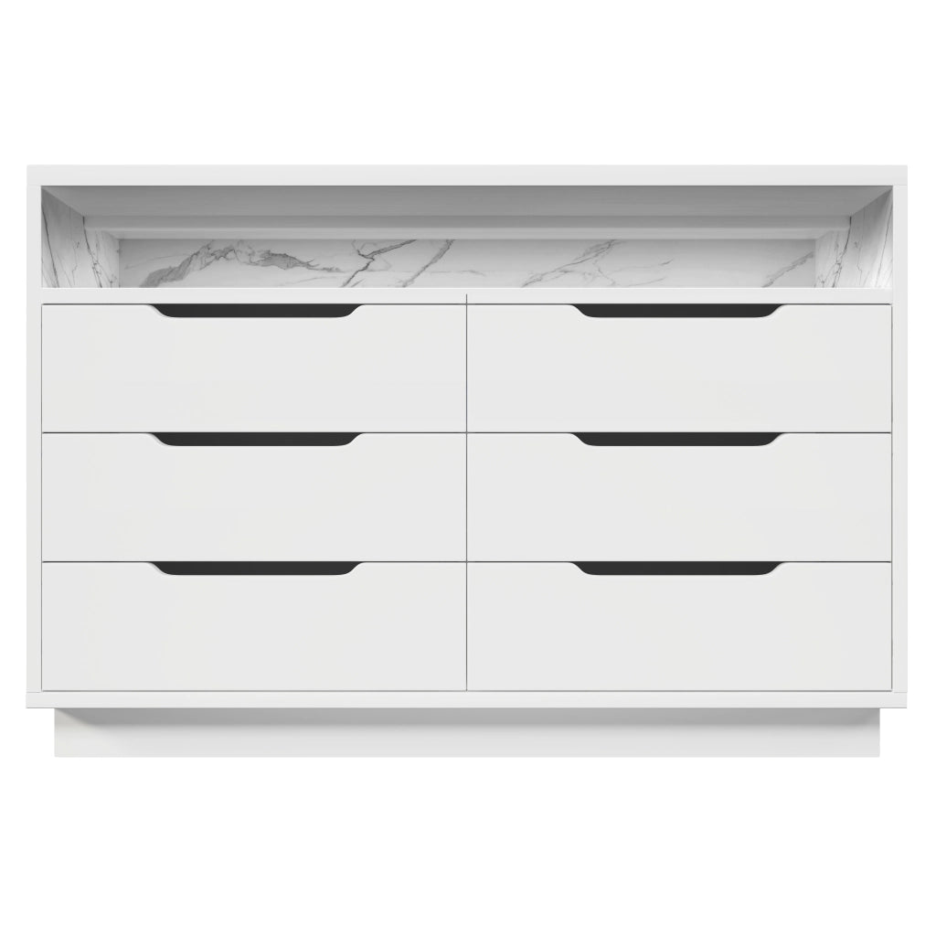 Credenza moderna bianca con 6 cassetti, illuminazione LED e vano aperto in effetto marmo, 120x40x85 cm