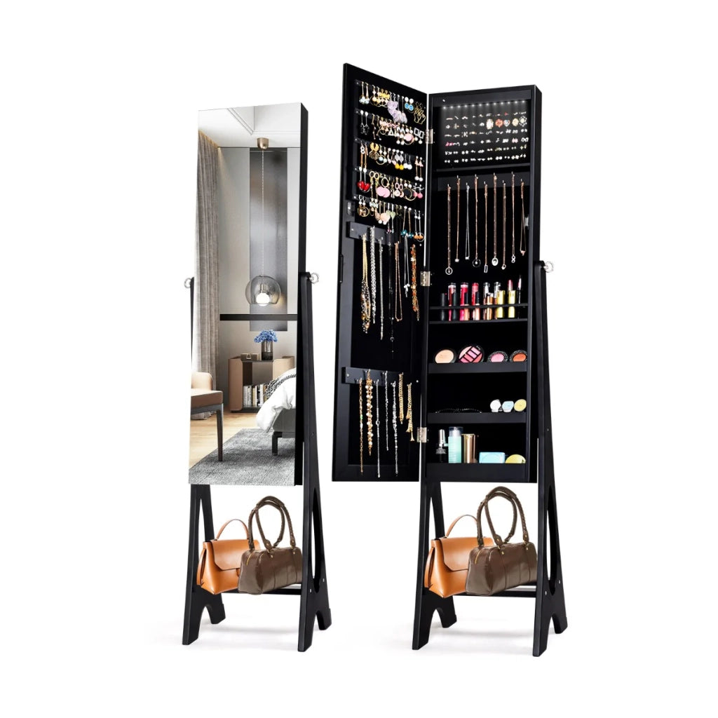 Mobile portagioielli indipendente 36 x 33,5 x 154,5 cm con specchio regolabile e 12 LED elegante MDF nero 20_0010375