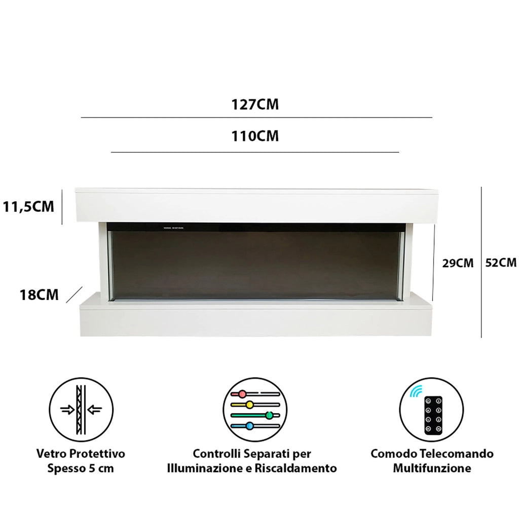 Camino Elettrico da Parete o Incasso Alaro Plus 127x18x52 cm Effetto Fiamma Telecomando in MDF Bianco