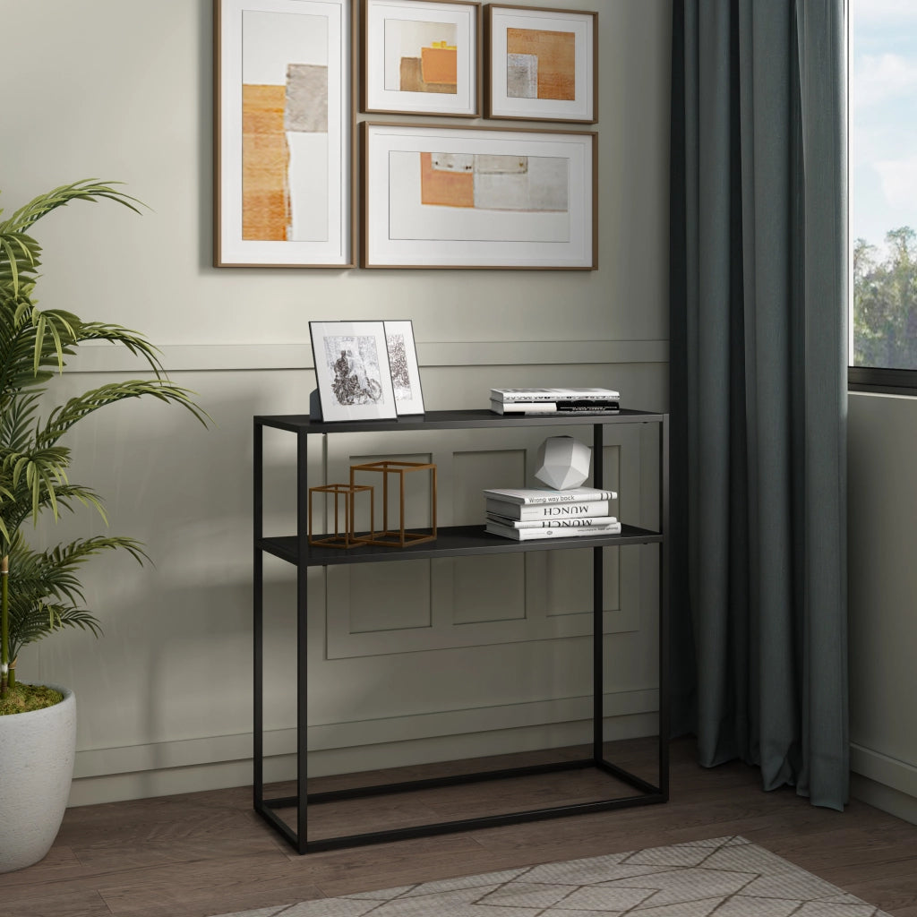 Tavolo a Consolle Kuhmo in Metallo 80 x 80 x 30 cm 2 Piani di Appoggio Nero [en.casa]
