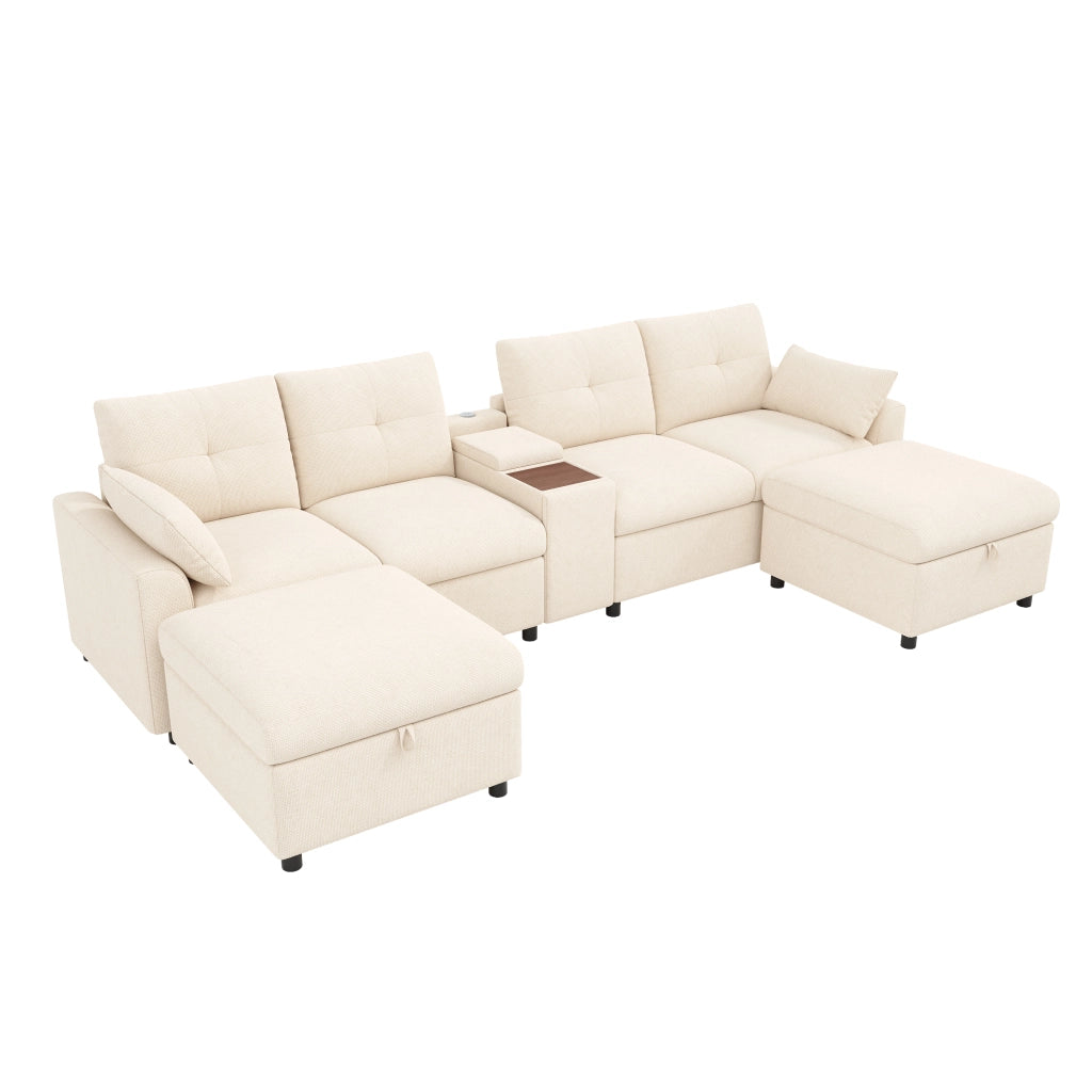 Divano angolare modulare 6 posti configurabile a U o a L con contenitori e USB; ciniglia beige