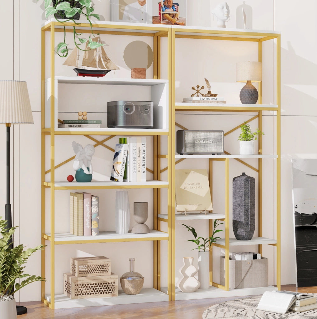 Libreria a ripiani aperti 160 x 29;5 x 180 cm in MDF e metallo oro e bianco