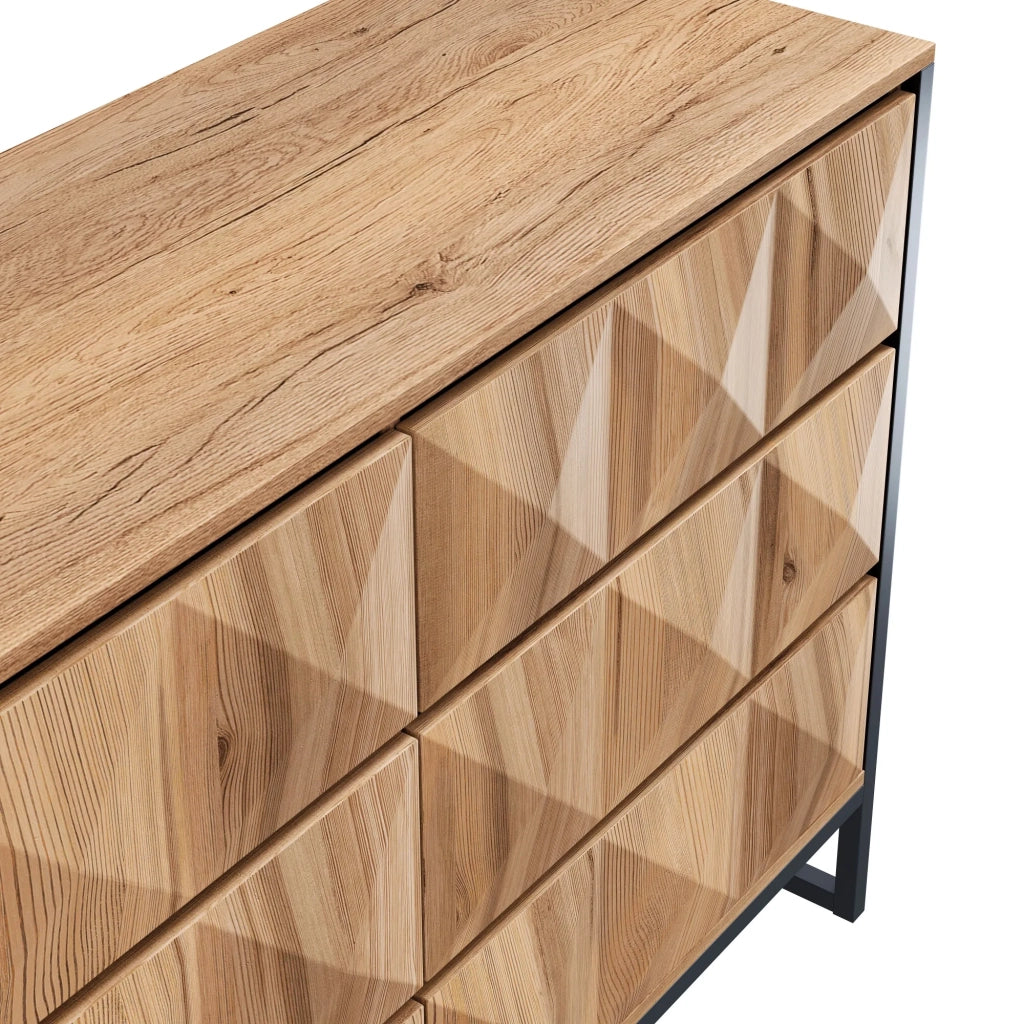 Sideboard e cassettiera, nero e legno naturale, gambe in metallo, ante rialzate