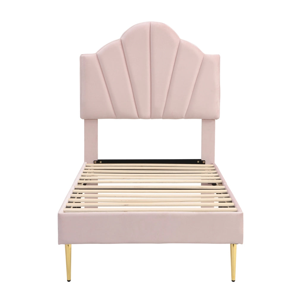 Letto imbottito 90x200 cm; testiera a conchiglia regolabile; velluto rosa (Senza materasso)