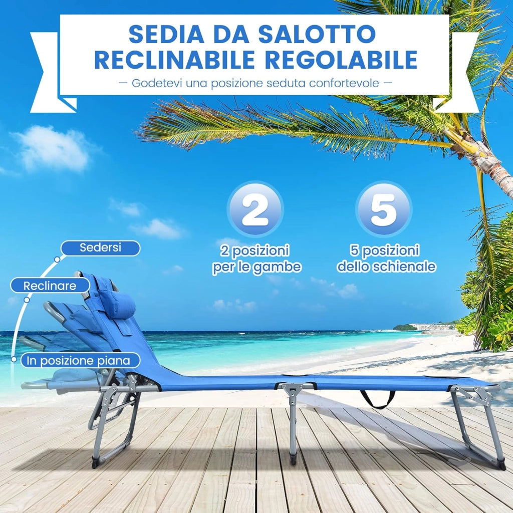 Lettino Prendisole Pieghevole, Sedia a Sdraio da Giardino con Foro per il Viso e Cuscini, Schienale Reclinabile, per Spiaggia Patio Piscina (Blu)