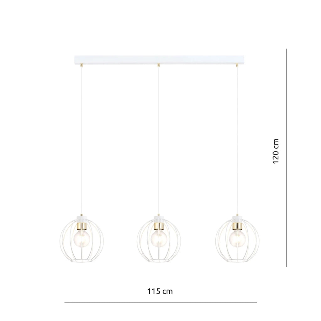 Sospensione Industrial 3 Luci Polluce In Acciaio Bianco A Paralumi Gabbia Con Oro