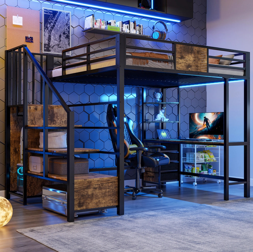Letto a soppalco 140x200 con scrivania, ripiani, barra appendiabiti, LED e presa