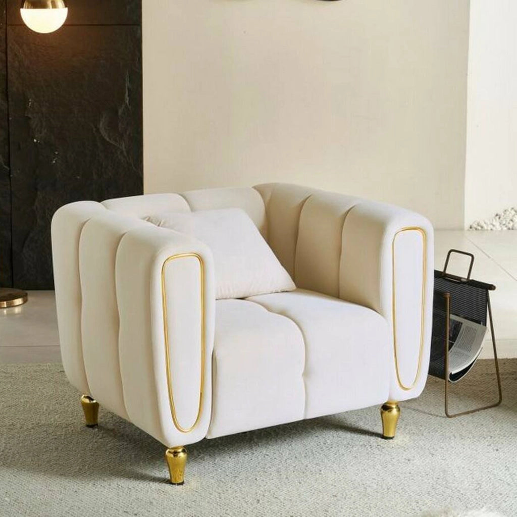 Poltrona Madama, Seduta imbottita, Divano singolo da salotto, Sedia con braccioli, 81x97 h71 cm, Crema e Oro