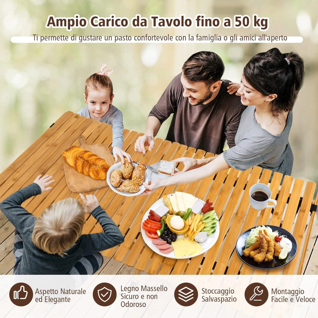 Tavolo da Campeggio Pieghevole di Bambù, Tavolo da Picnic Leggero con Borsa di Trasporto, Tavolo da Esterno per Campeggio, Trekking, Pesca e Barbecue, 122 x 60 x 43,5 cm (Naturale)