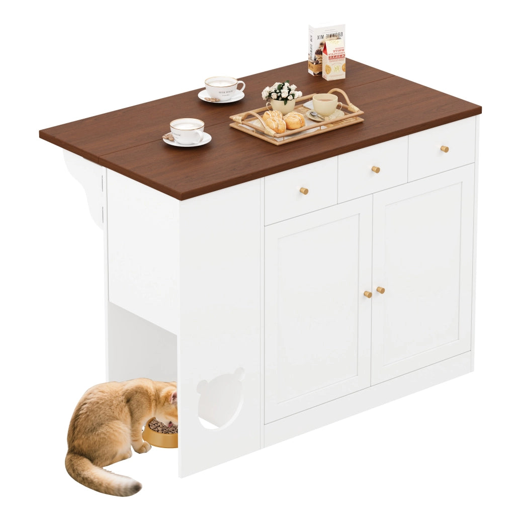 Carrello da Cucina con 3 Cassetti e 2 Ante; Piano Estensibile; Portaspezie e Zona per Animale; MDF; Bianco Noce; 120x40x90 cm