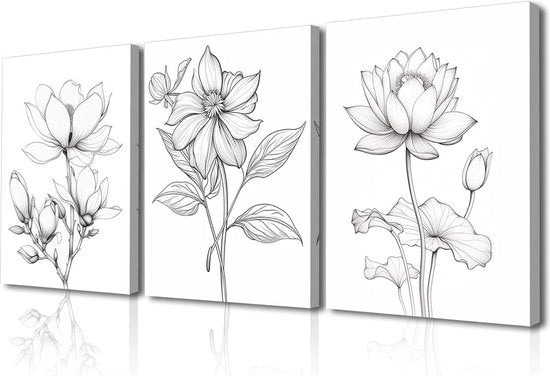 Stampo a tela di fiori composto da acqua lillà, magnolia e orchidea, set di 3 pezzi, ingrandito e pronto per appendere, dimensioni 30 x 40 cm.