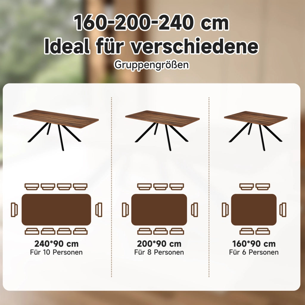 TAVOLO DA PRANZO ALLUNGABILE 160/200/240 x 90 cm MDF Noce per 6-10 persone
