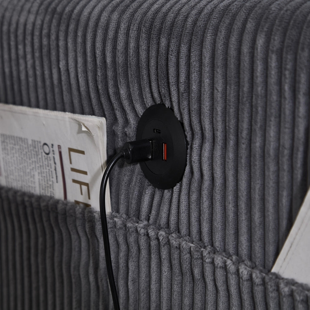 Divano modulare 2 posti con portabicchieri; tasche laterali e USB in velluto a coste grigio