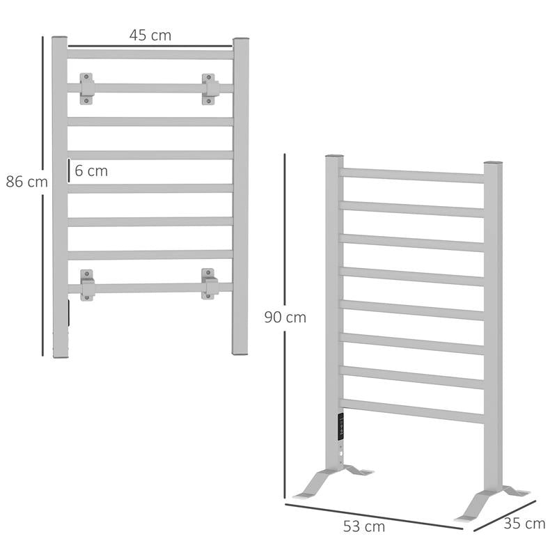 SCALDASALVIETTE ELETTRICO DA TERRA O PARETE 150W CON 8 BARRE E TIMER 2-4 ORE, 53X35X90 CM, ARGENTO