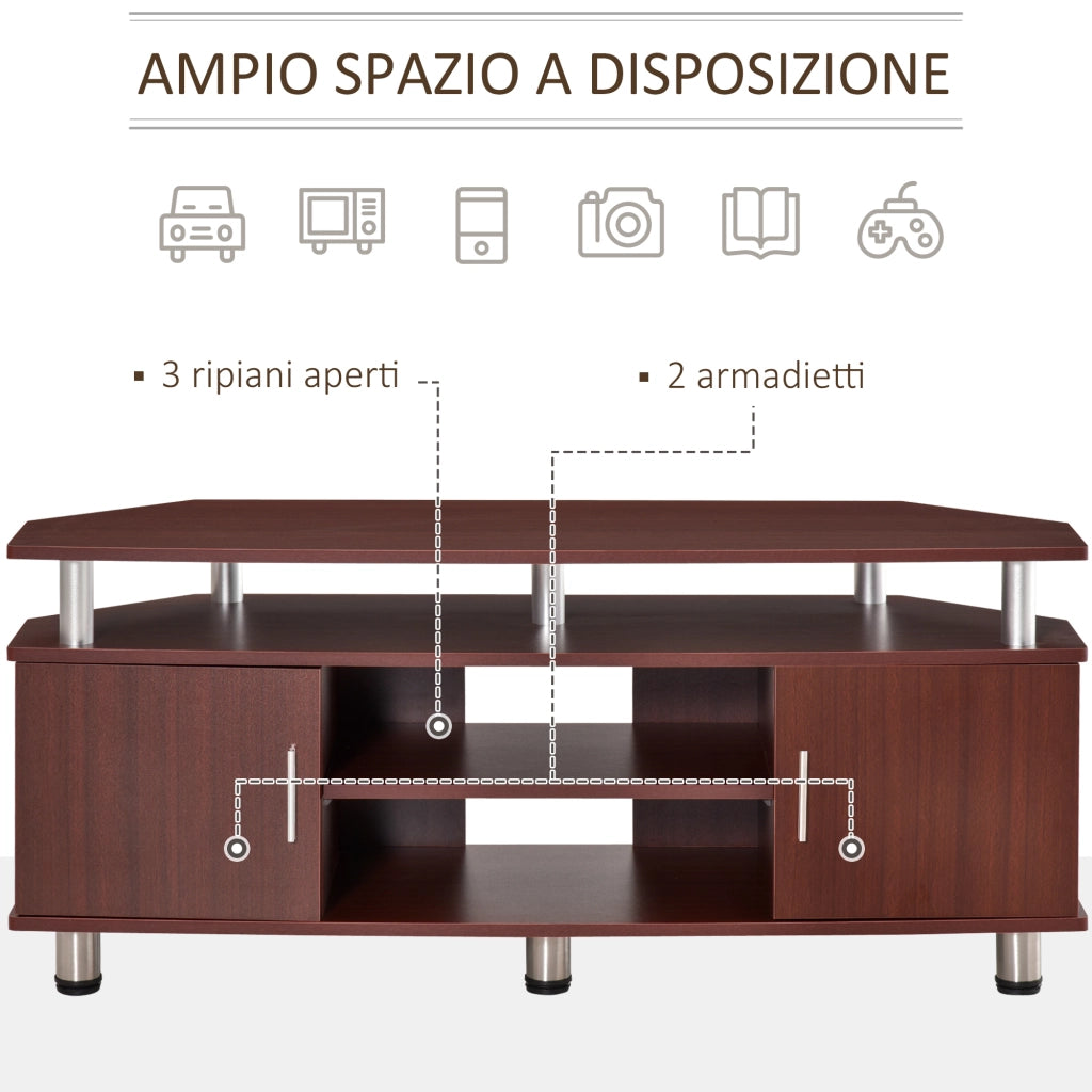 Mobile Porta TV Classico da Soggiorno con 2 ripiani e 2 Armadietti, in MDF e Acciaio Inox, Marrone, 120x39.5x52cm