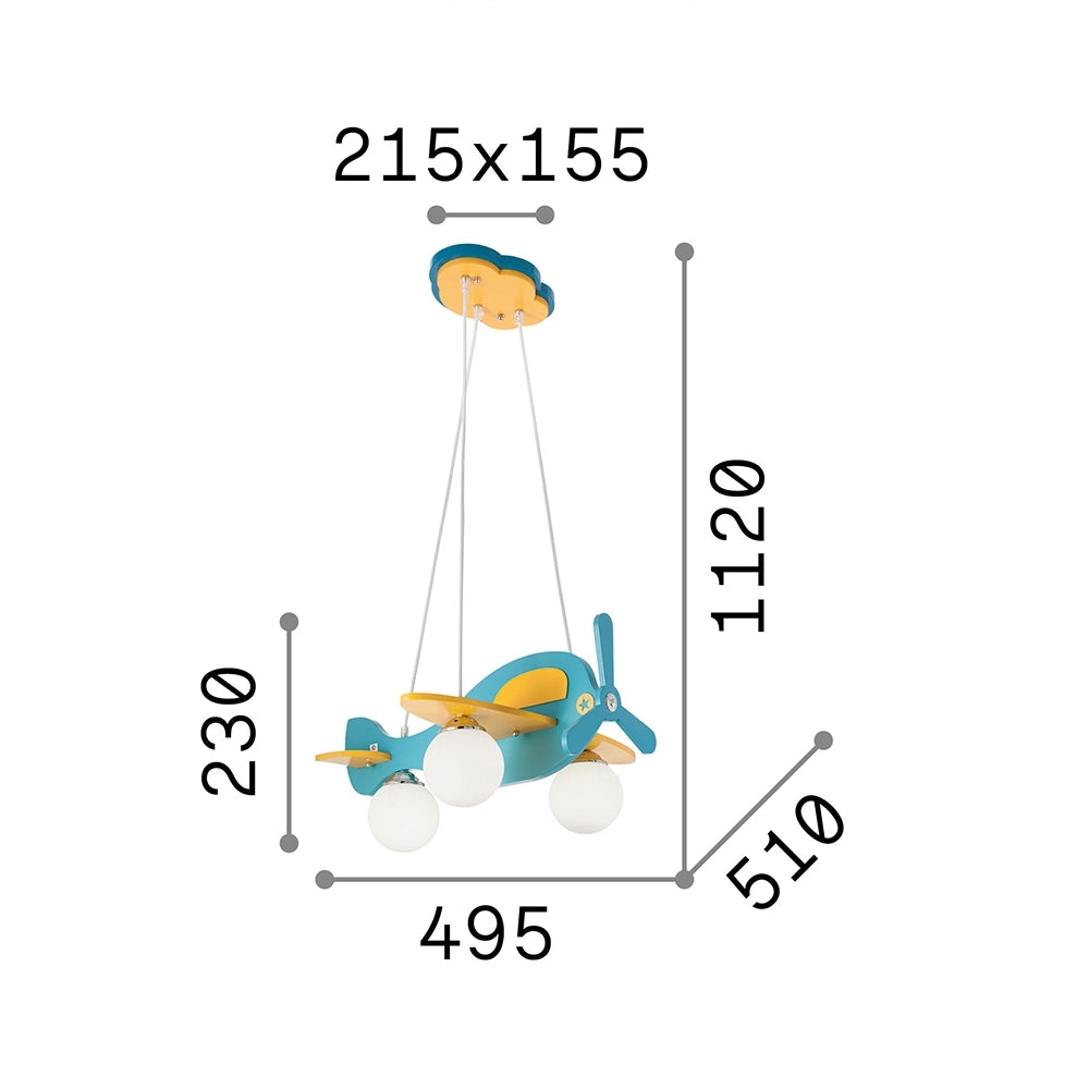 Lampadario Contemporaneo Avion Legno Azzurro 3 Luci E14