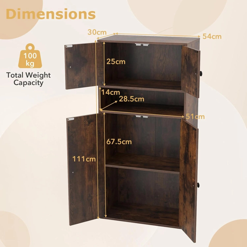 Libreria Verticale a 3 Ripiani, Libreria Chiusa con Ante e Ripiano Aperto, Mobile Soggiorno con Ripiano Regolabile a 5 Livelli, per Studio, Camera da Letto, Bagno, 54 x 30 x 111 cm (Marrone)