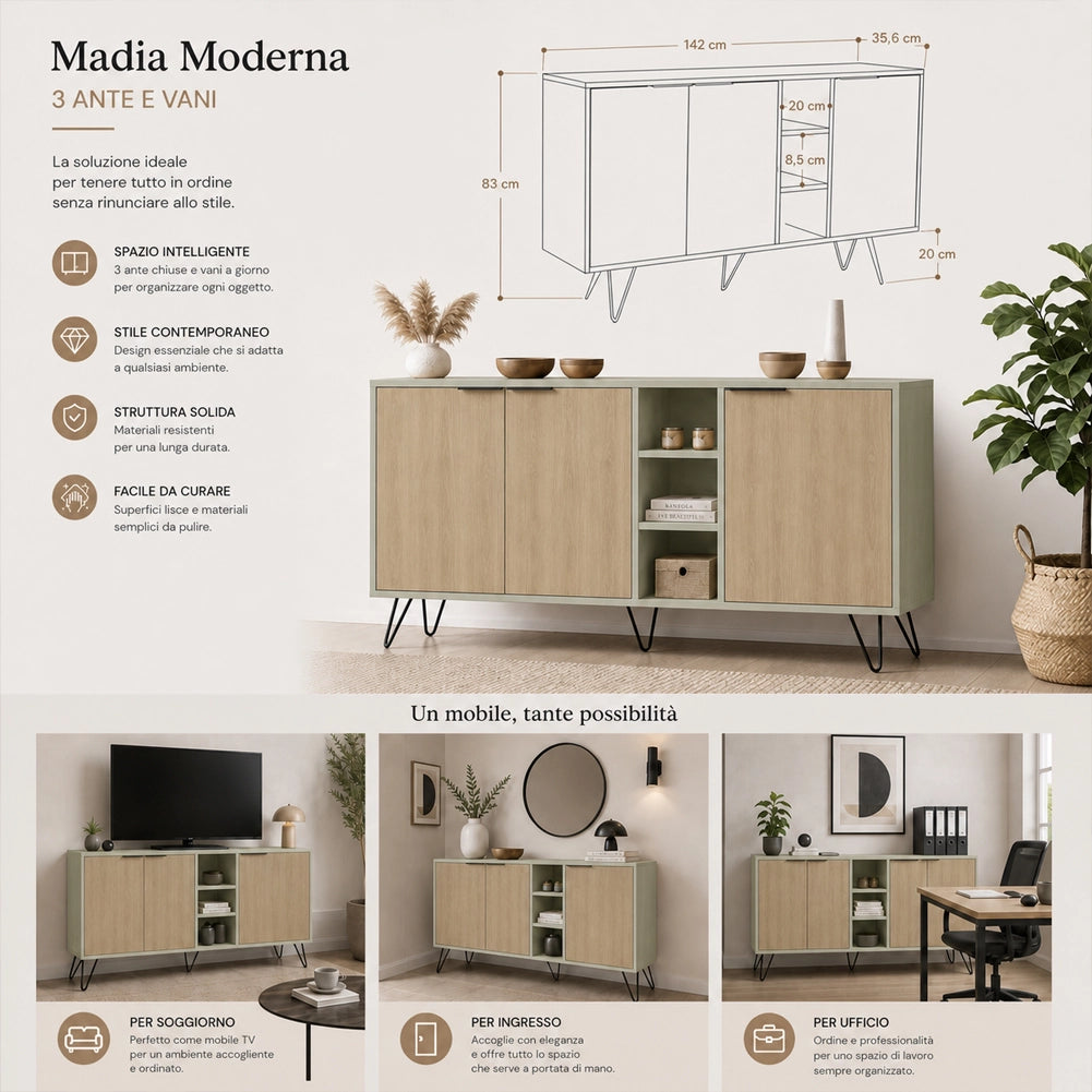 Madia Moderna Credenza con 3 Ante e Vani a Giorno 142x83 cm Quercia e Verde
