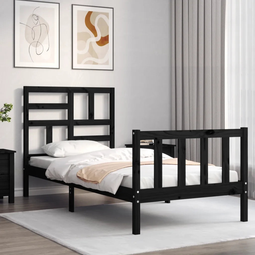 Letto singolo | Letto per adulti | Giroletto con Testiera Nero Small Single in Legno Massello