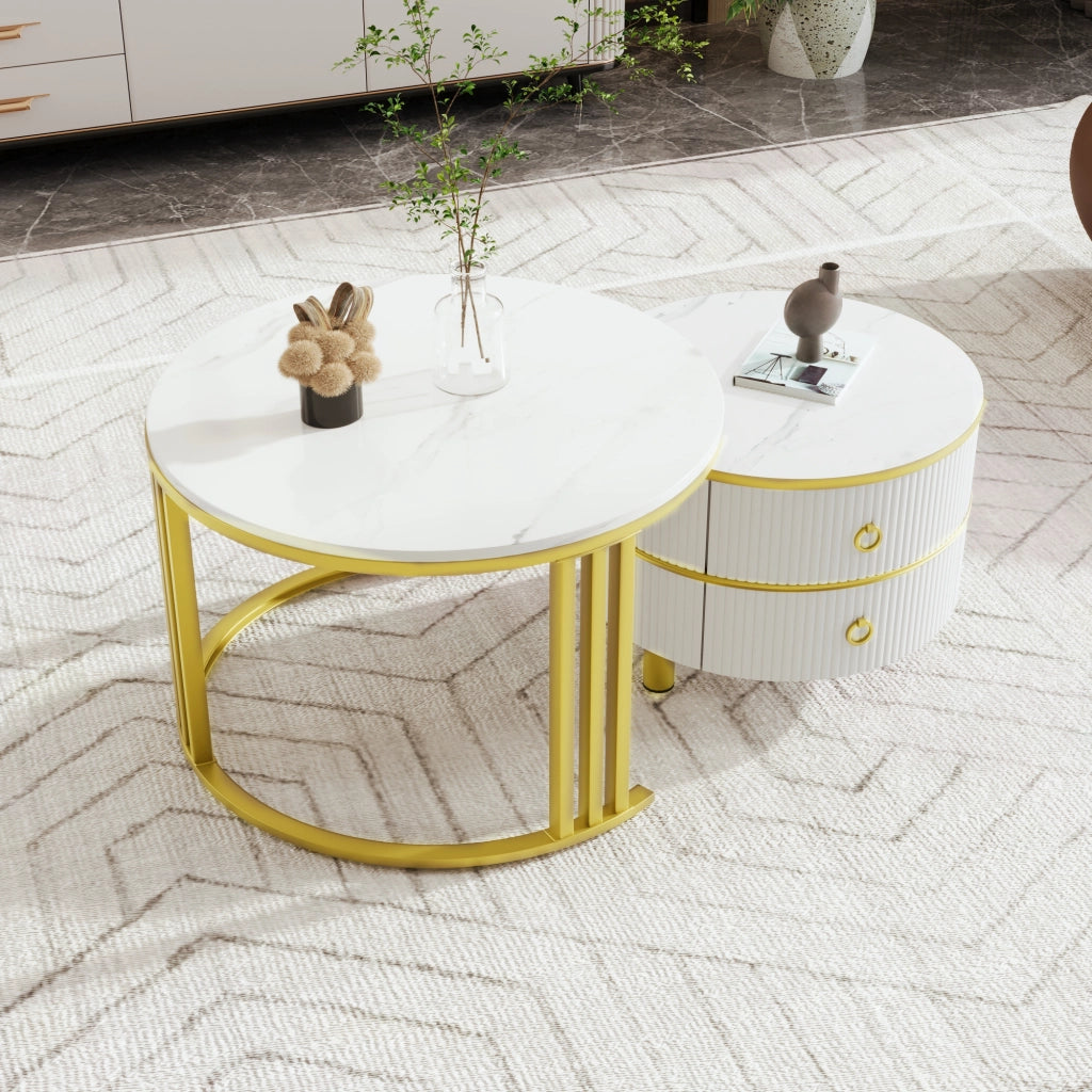 Set di tavolini da salotto 70x70x46 cm e 50x50x40 cm; piano lucido effetto marmo; MDF bianco