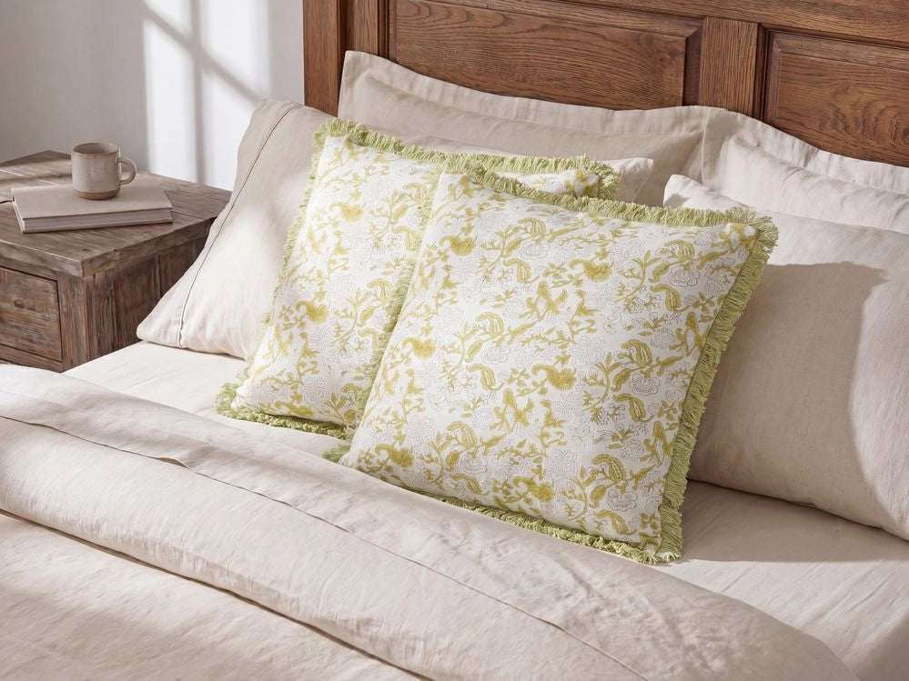 Set di 2 cuscini in cotone con frange di colore verde e bianco 45 x 45 cm camera da letto soggiorno