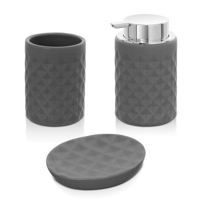Accessori bagno da appoggio in set 3 pezzi ceramica colore grigio Cristal