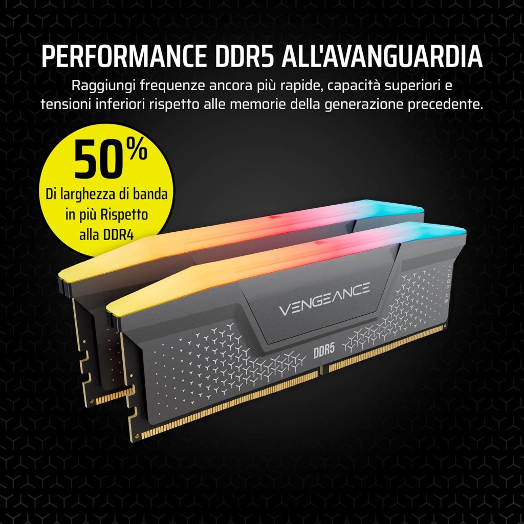 VENGEANCE RGB RS DDR5 RAM 32GB (2x16GB) Fino a 6000MHz CL36-44-44-96 1.35V AMD EXPO e Intel XMP 3.0 Memoria Per Computer Desktop – Grigio (CMG32GX5M2E6000Z36)