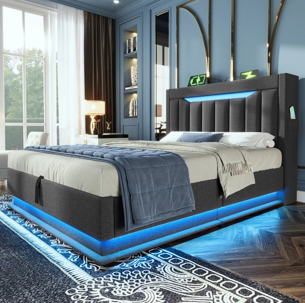 Letto singolo imbottito 90x200 cm con contenitore; LED; USB e Type-C; grigio
