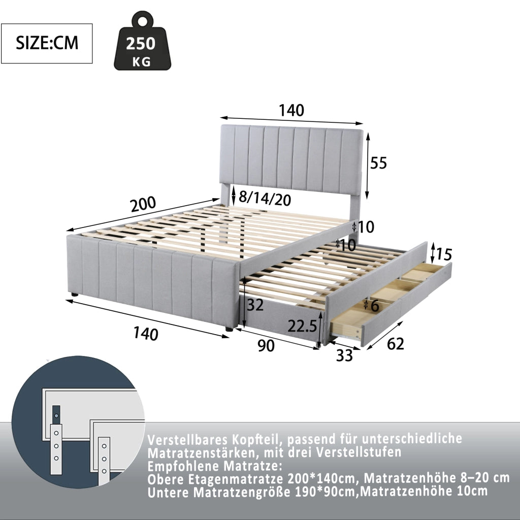DESMIU Letto estraibile 140 × 200 cm 2 posti con 3 cassetti e letto supplementare, senza materasso, in lino, grigio