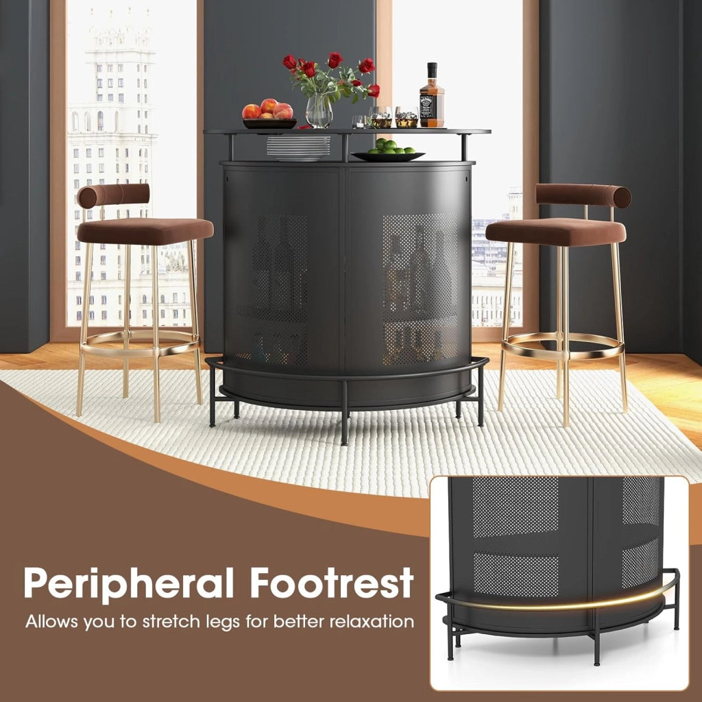 Mobile da bar con ripiani e 3 file di portabicchieri, tavolo da bar curvo con parte anteriore in rete e poggiapiedi in metallo, 6 gambe regolabili, 110,5 x 48 x 112,5 cm, credenza per cucina