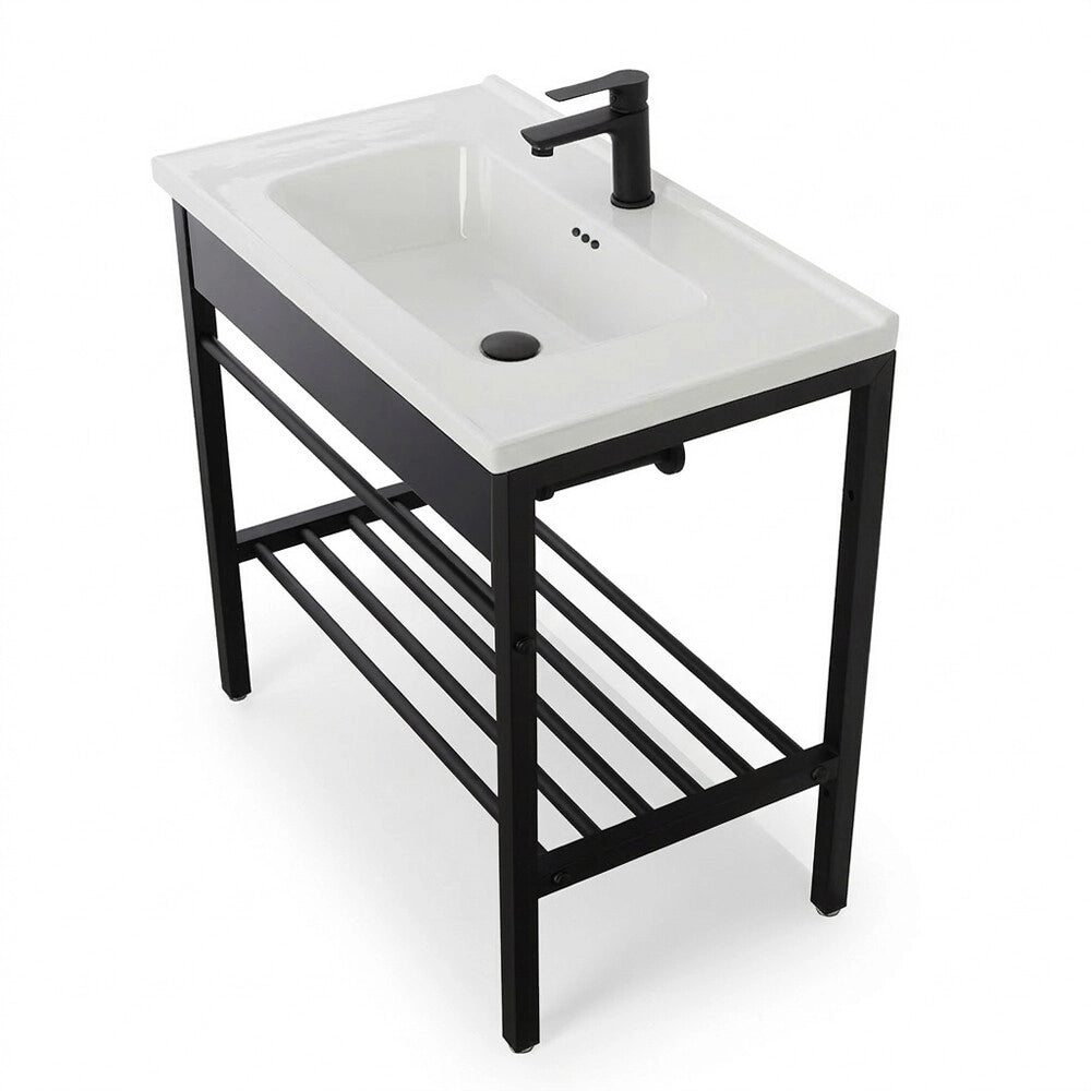 Mobile bagno a terra in metallo 80 cm nero opaco con specchio e pensile linea Borg