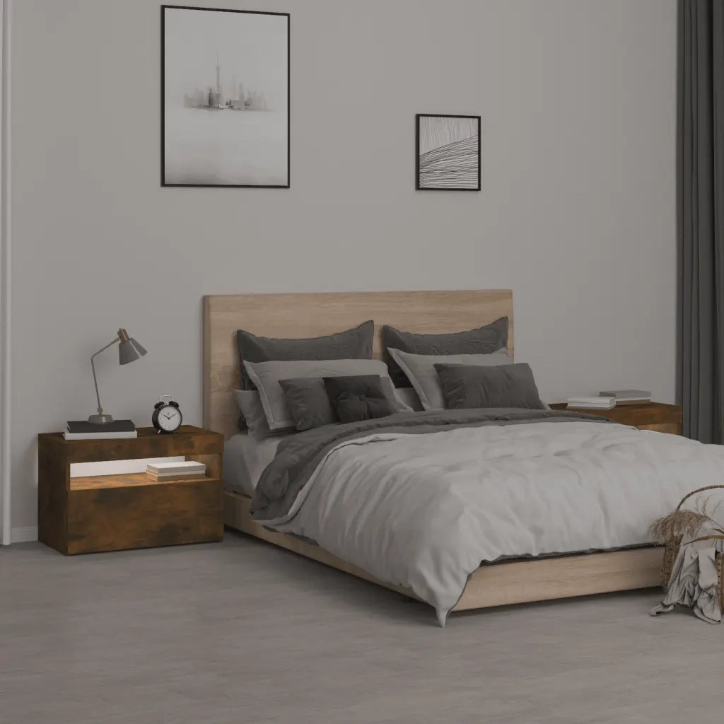 Comodini 2 pz con Luci LED Rovere Fumo 60x35x40 cm 3152827