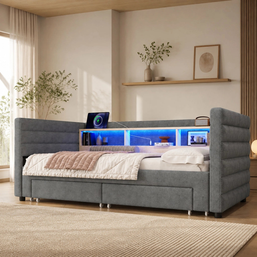 Letto singolo estraibile in velluto grigio 90x190 cm con LED, USB-C e cassetti