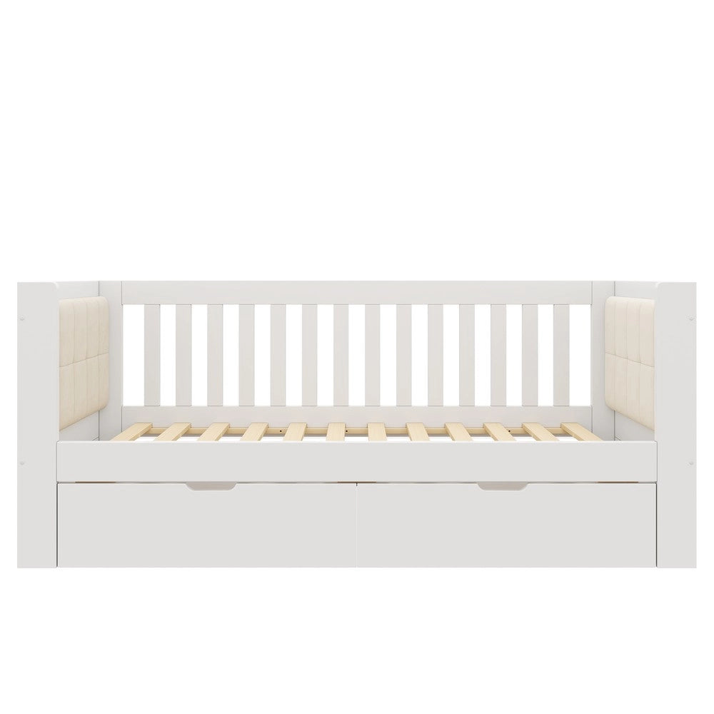 Divano Letto 90x190 ¨C Xylo ¨C Bianco, Legno, 2 Cassetti, Braccioli Arrotondati