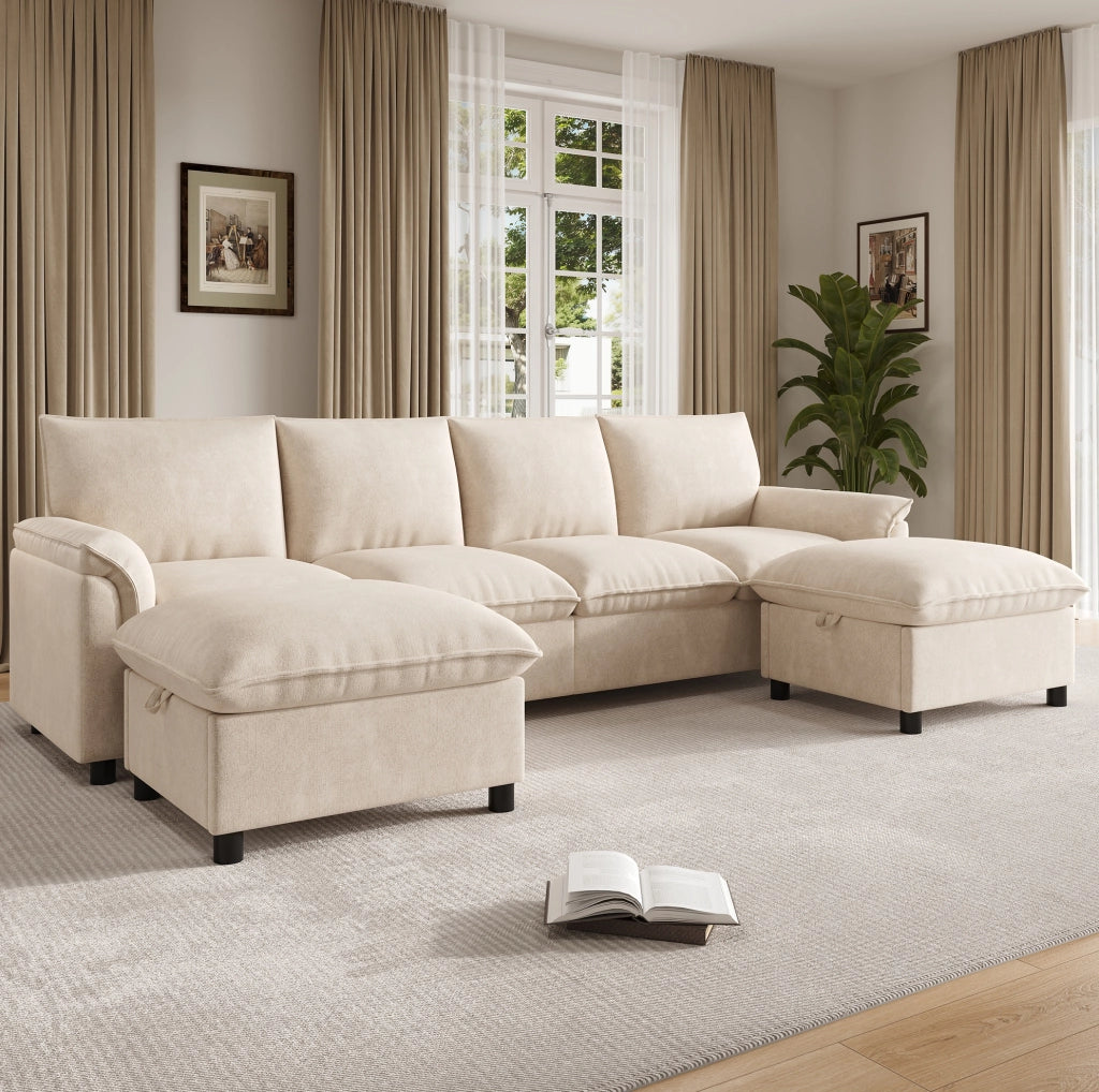 Divano con 2 pouf contenitore in chenille beige 264;5x142;5x84 cm