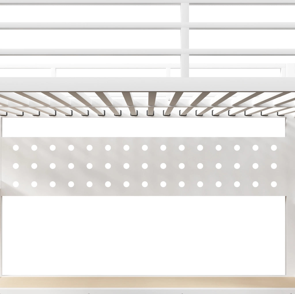 Letto a soppalco 140x200 cm bianco con scrivania, cassetti, presa e LED